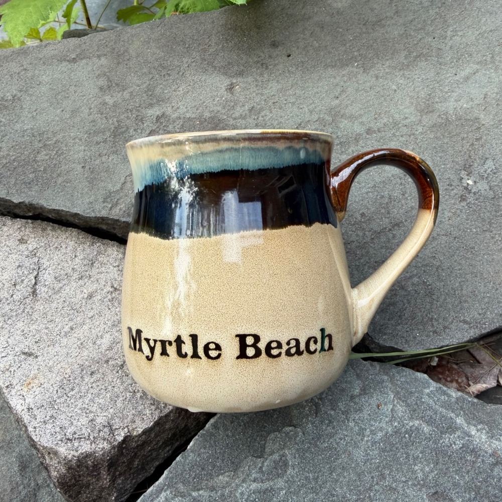 Myrtle Beach Souvenir Stoneware Coffee Mug Drip Glaze Tan Brown Blue Pottery‎